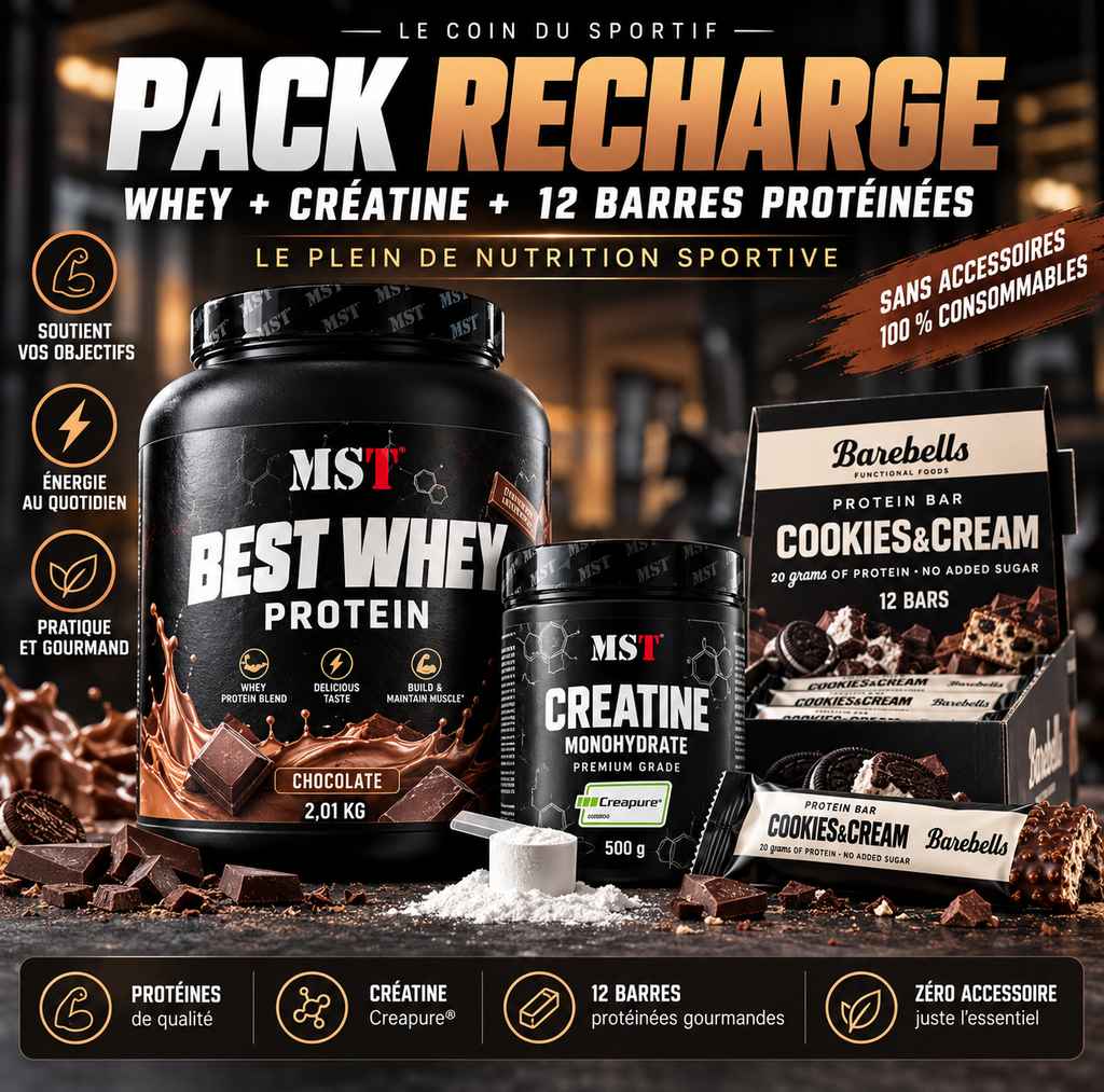 Pack Recharge – Whey Chocolat, Créatine & 12 Barres Protéinées