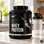 MST Best Whey Protein Glace vanille 2,01 kg — mise en situation avec shaker, logo Le Coin du Sportif hors emballage