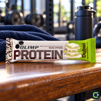 Olimp Protein Bar Dubai Style chocolat blanc — une barre de 40 g en situation sportive, vendue par boîte de 25 — logo Le Coin du Sportif hors emballage