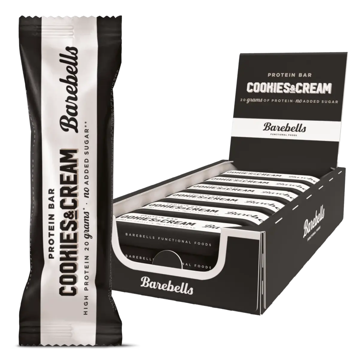 Barebells Barres protéinées — Cookies & Cream — Boîte 12 × 55 g — photo studio du fabricant