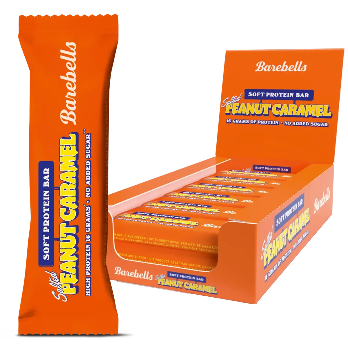 Barebells Barres protéinées — Soft Salted Peanut Caramel — Boîte 12 × 55 g — photo studio du fabricant