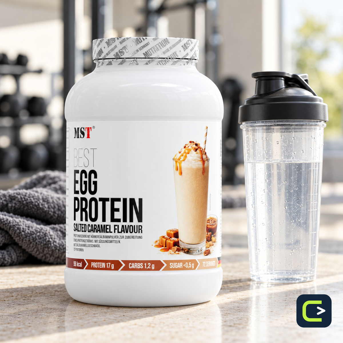MST Egg Protein — Caramel salé — 1,8 kg — mise en situation, Le Coin du Sportif