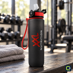 XXL Nutrition Hydrate Bottle noir et rouge 1 litre — mise en situation sportive ; visuel retravaillé à partir de la référence produit, signature Le Coin du Sportif hors produit.
