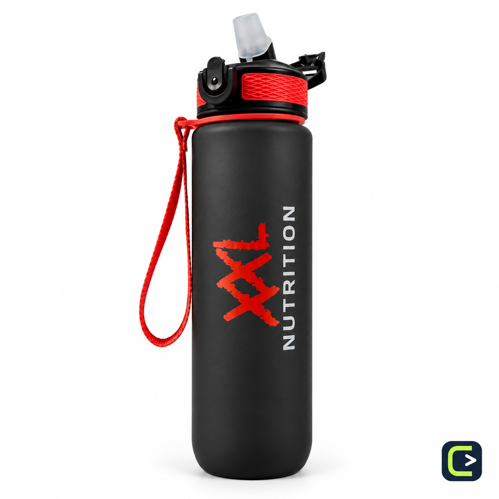 XXL Nutrition Hydrate Bottle noir et rouge 1 litre — vue studio sur fond clair ; visuel retravaillé à partir de la référence produit, signature Le Coin du Sportif hors produit.