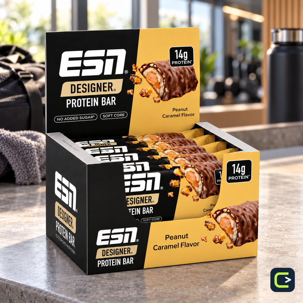 ESN Designer Bar — Peanut Caramel — Boîte de 12 × 45 g — mise en situation, Le Coin du Sportif