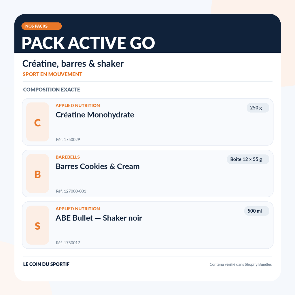 Composition du Pack Active GO : Applied Nutrition créatine 250 g, boîte Barebells Cookies & Cream 12 barres et shaker Applied Nutrition ABE Bullet 500 ml