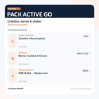 Composition du Pack Active GO : Applied Nutrition créatine 250 g, boîte Barebells Cookies & Cream 12 barres et shaker Applied Nutrition ABE Bullet 500 ml