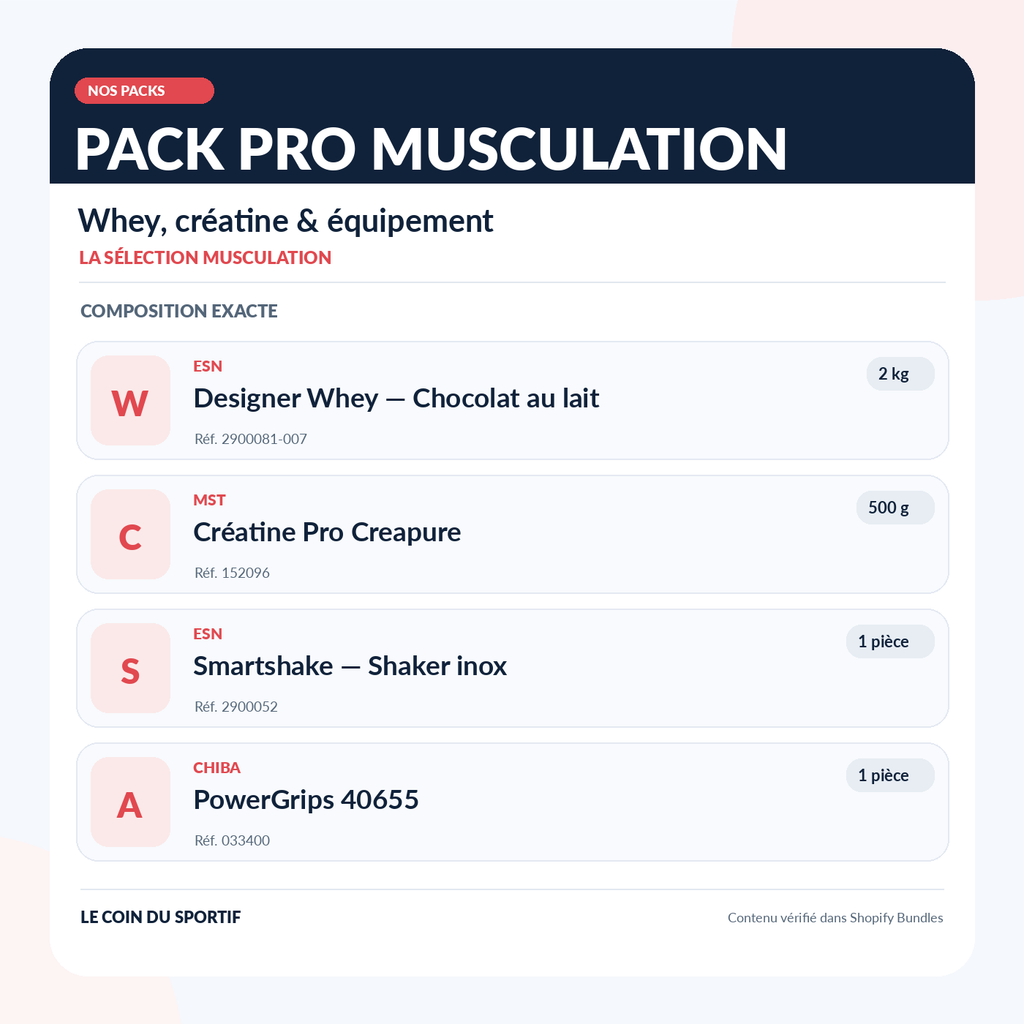 Composition du Pack Pro Musculation : ESN Designer Whey chocolat au lait 2 kg, MST créatine Pro Creapure 500 g, ESN Smartshake inox et Chiba PowerGrips 40655
