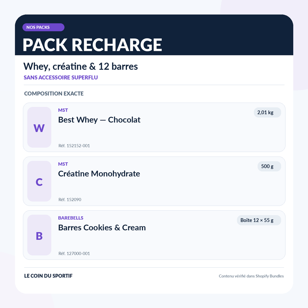Composition du Pack Recharge : MST Best Whey chocolat 2,01 kg, MST créatine 500 g et Barebells Cookies & Cream boîte de 12 barres