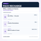Composition du Pack Recharge : MST Best Whey chocolat 2,01 kg, MST créatine 500 g et Barebells Cookies & Cream boîte de 12 barres