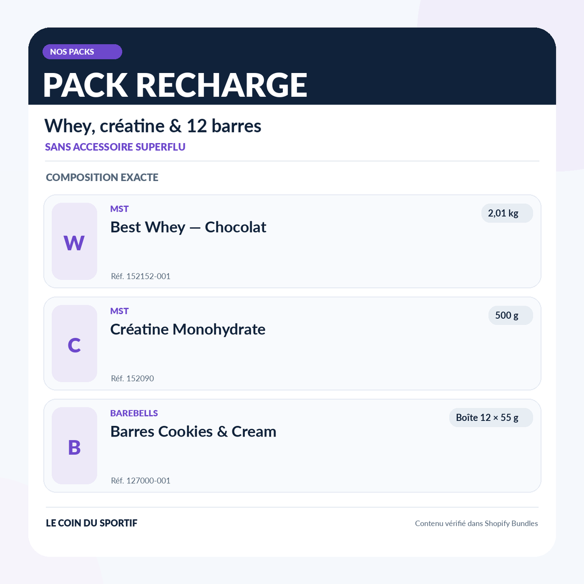 Composition du Pack Recharge : MST Best Whey chocolat 2,01 kg, MST créatine 500 g et Barebells Cookies & Cream boîte de 12 barres