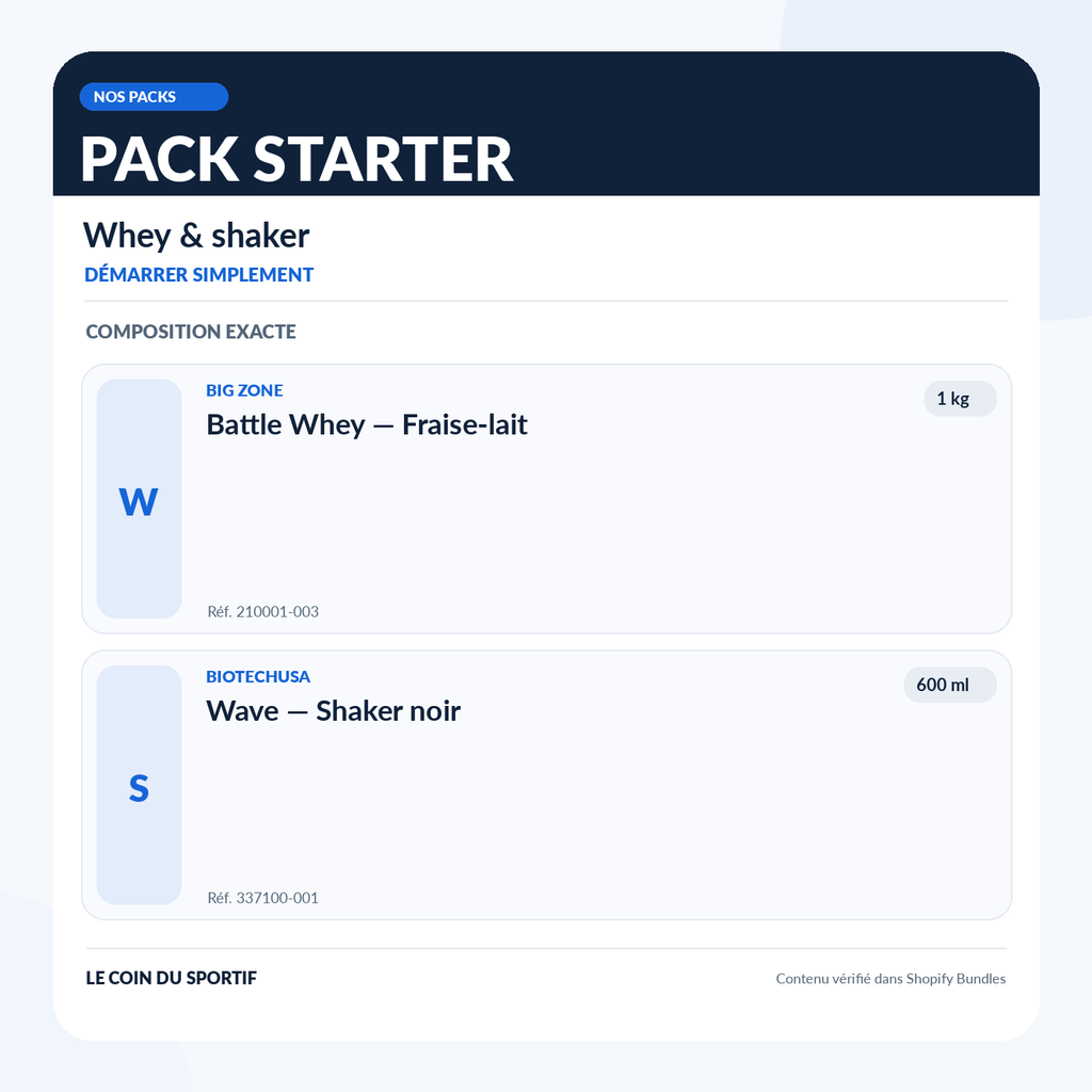 Visuel de composition du Pack Starter : Big Zone Battle Whey fraise-lait 1 kg et shaker BioTechUSA Wave 600 ml, quantités et références exactes