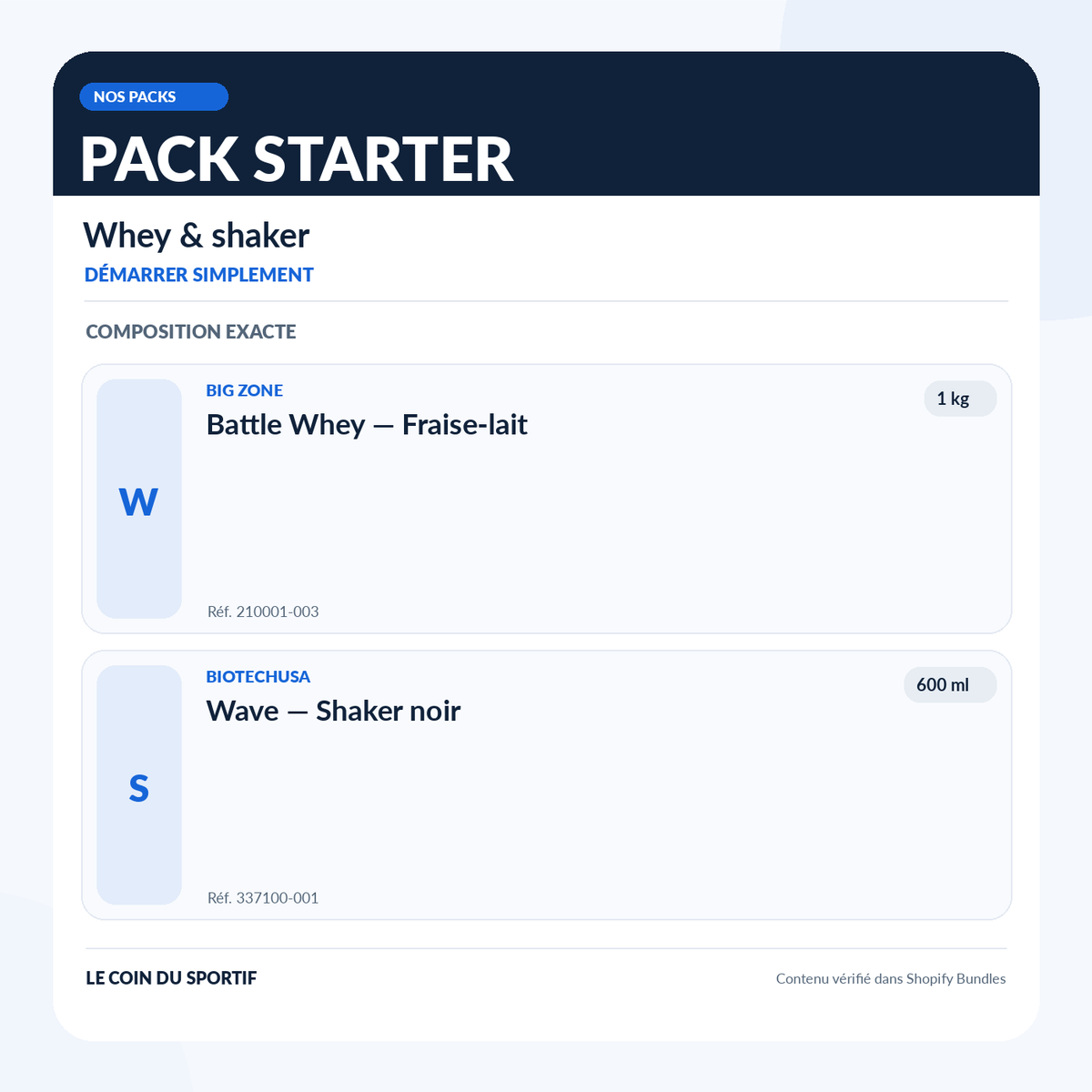 Visuel de composition du Pack Starter : Big Zone Battle Whey fraise-lait 1 kg et shaker BioTechUSA Wave 600 ml, quantités et références exactes